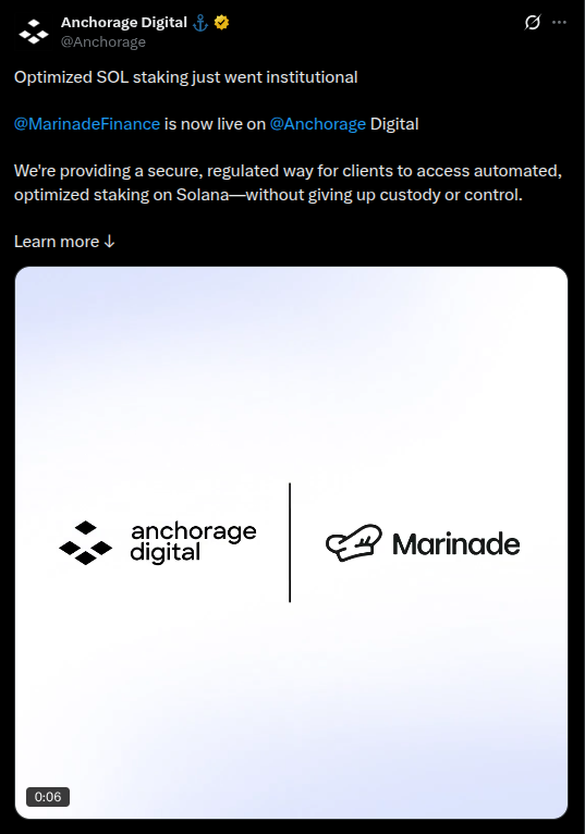 Anchorage Digital X.com post re MarinadeFinance  is now live on Anchorage  Digital
